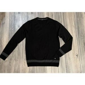GUESS Mens V-Neck Jumper Sweater Size Large Wool Blend Grey Black Lightweight